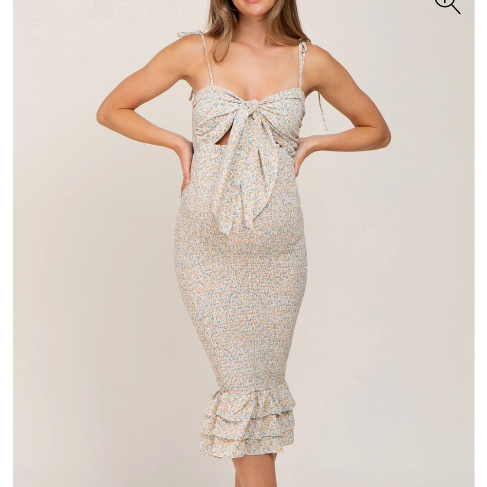 PinkBlush Cream/Blue Floral Front Tie Cutout Smocked Maternity Midi Dress Large
